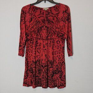 B. FRIENDS Red, Smocked Bodice, Fit & Flare Tunic Top; 3/4 Sleeves; Size M